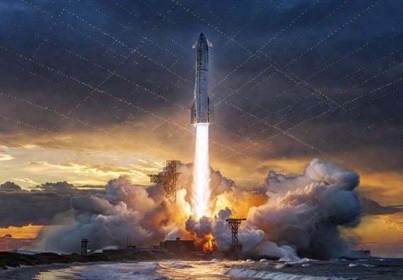 Ultra-wide cinematic photograph of a massive stainless steel Starship rocket launching from a coastal pad at golden hour, brilliant exhaust plume illuminating storm clouds above the Gulf, a dense grid of Starlink satellites visible as bright streaks across the deep blue upper atmosphere, photorealistic, 8K resolution, sense of overwhelming scale and human achievement, hopeful and awe-inspiring mood
