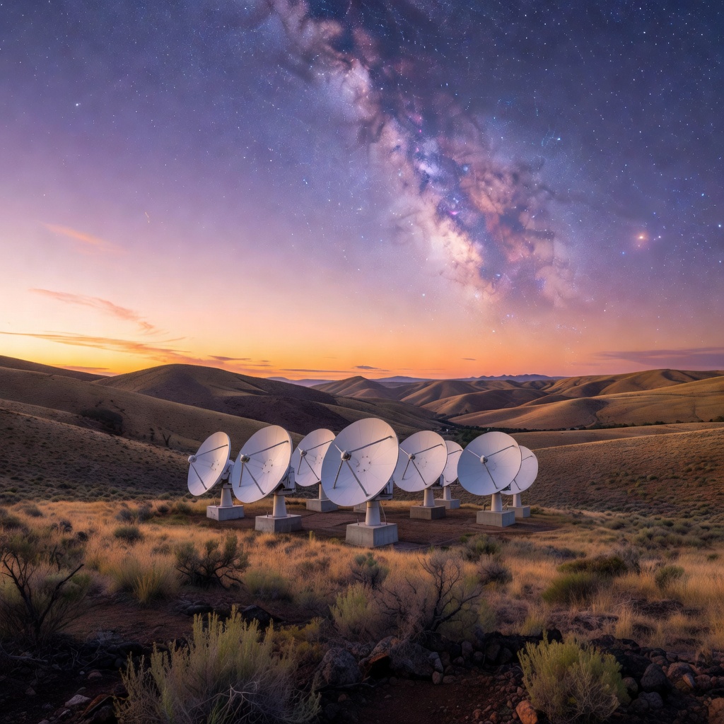 A satellite internet gateway ground station in a remote landscape at dusk with large dish antennas pointed skyward and mountains in the background