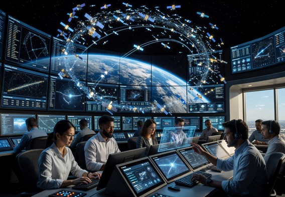 A wide-angle cinematic view inside a futuristic satellite mission control center, multiple curved screens displaying real-time orbital paths of hundreds of glowing satellites forming a constellation around Earth, engineers in their 30s of diverse backgrounds intently monitoring data streams, cool blue and white lighting, photorealistic, high detail, sense of purposeful urgency