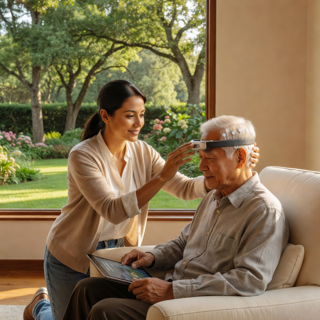 A caregiver assists an elderly man with a wearable brain-computer interface headset while seated near a window in warm afternoon light