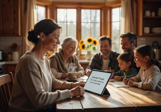 A warm, photorealistic scene of a middle-aged woman with a small neural implant device visible behind her ear sitting at a wooden kitchen table with her multigenerational family, sunlight streaming through the window, a tablet screen beside her displaying text she has generated using thought alone, everyone smiling and engaged, soft golden-hour lighting, hopeful and human atmosphere, cinematic depth of field