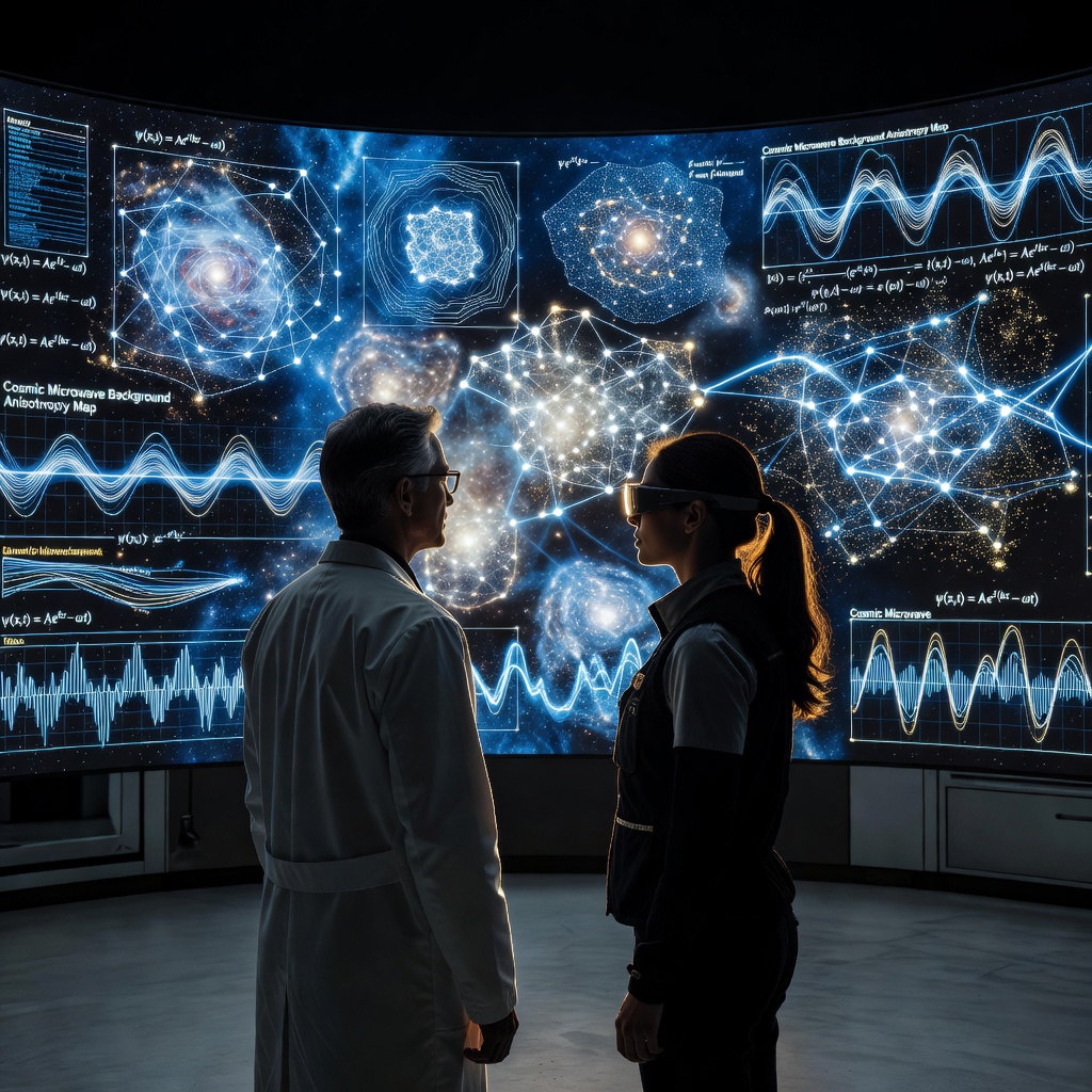 A physicist and AI engineer standing side by side in front of a massive neural network visualization projected onto a curved wall, surrounded by equations and star maps