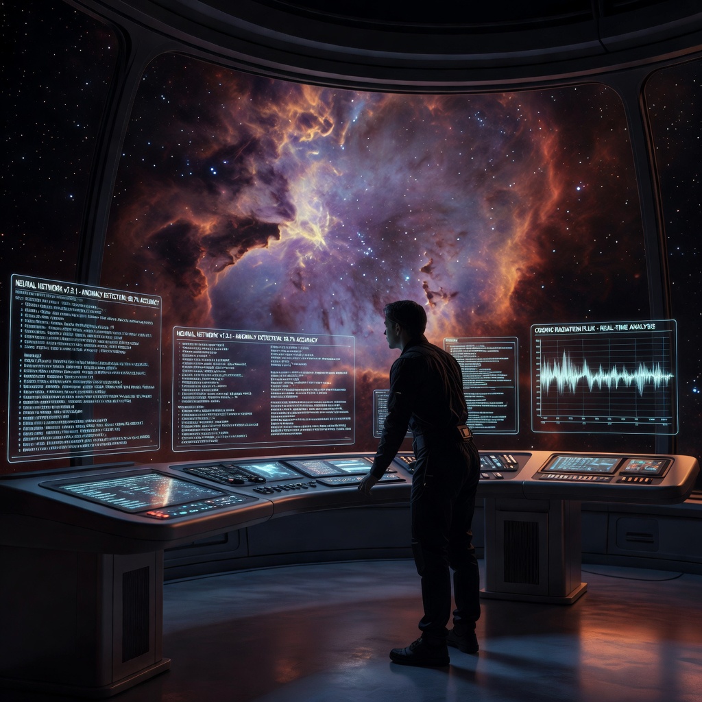 A lone researcher examining streams of glowing AI output data cascading across transparent screens in a darkened room, with a cosmic nebula visible through a panoramic window behind them