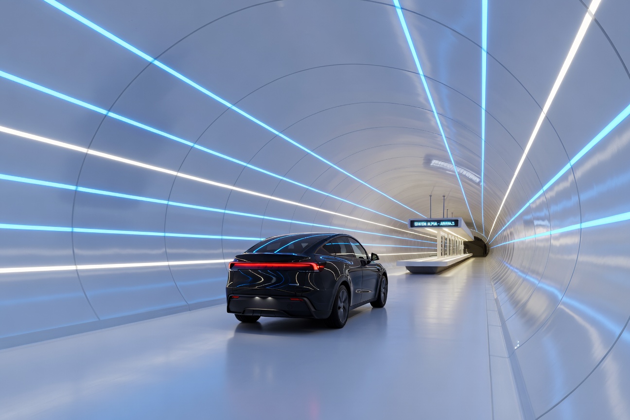 Futuristic underground tunnel with glowing blue Tesla vehicles moving at high speed beneath a modern city