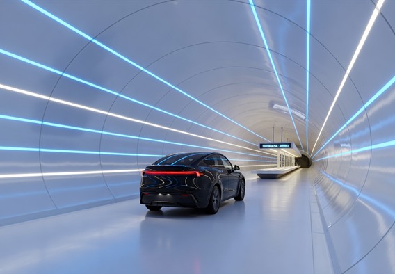 A photorealistic wide-angle view inside a futuristic underground tunnel with smooth white curved walls embedded with strips of blue and white LED lighting, a sleek black Tesla Model Y driving at speed toward a glowing station platform in the far distance, no other vehicles visible, sense of immense scale and technological precision, cinematic lighting, ultra high resolution