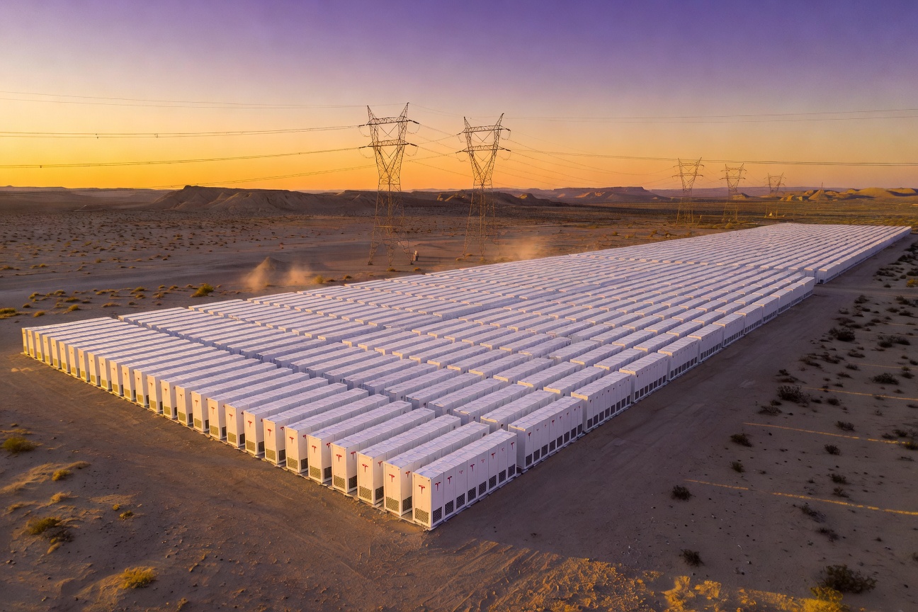 Aerial view of a massive Tesla Megapack installation next to a solar farm at dawn, with grid transmission towers in the background