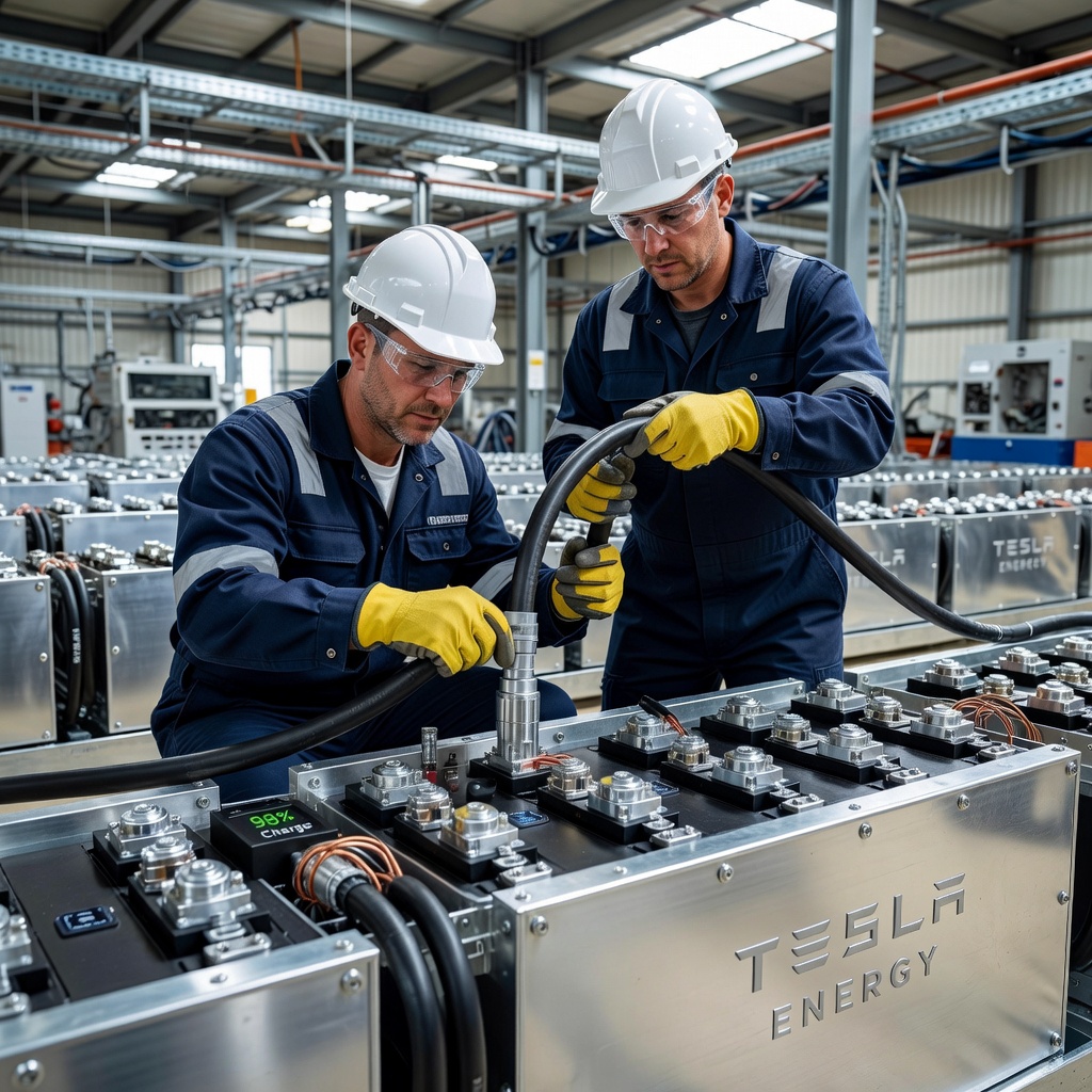 Close-up of Tesla Megapack battery modules being installed by technicians in protective gear at an industrial site