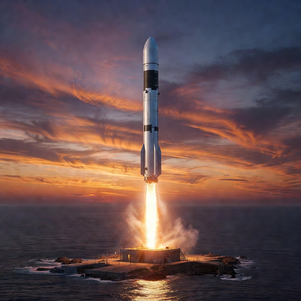 Starship rocket launching from Earth toward deep space with dramatic orange and purple sky