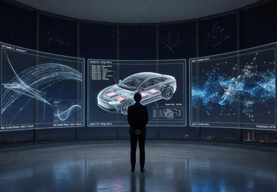A photorealistic wide-angle shot of a visionary technology leader silhouette standing at the center of a vast, luminous command center filled with holographic data visualizations, orbital trajectories, electric vehicle schematics, and neural network diagrams glowing in blue and white, conveying simultaneous mastery over multiple transformative industries, dramatic cinematic lighting, ultra-high definition, sense of immense scale and possibility