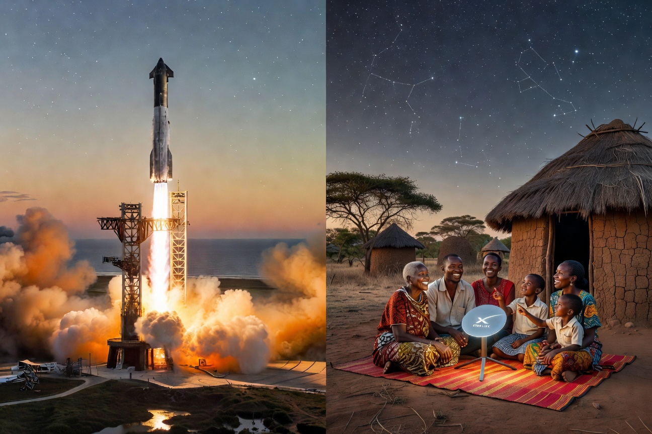 A split-view composite showing a Starship launch over Boca Chica illuminating the night sky, juxtaposed with a rural community in East Africa connecting to the internet via a Starlink dish
