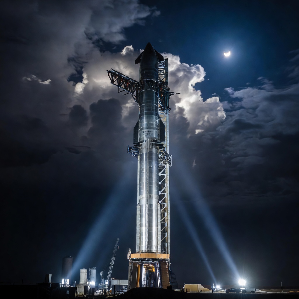 A Starship rocket standing on its launch mount at Starbase Texas, gleaming under floodlights with a crescent moon visible above it