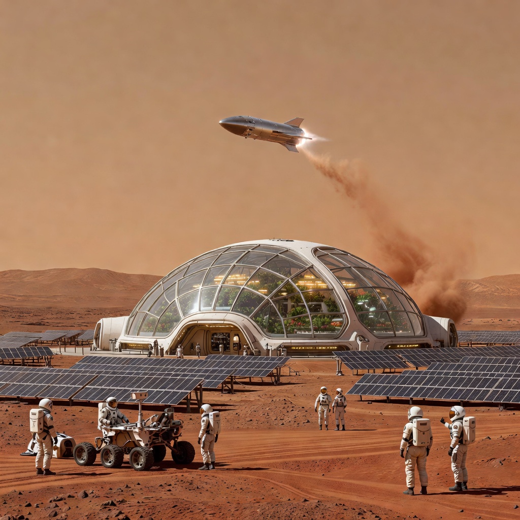 A futuristic artist's rendering of a Mars colony with biodomes and solar arrays glowing against a rust-colored horizon, with a Starship spacecraft descending in the background