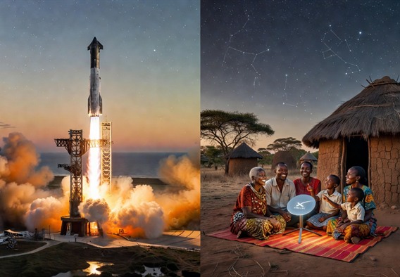 A photorealistic split-composition wide image showing on the left side a Starship rocket launching from Boca Chica Texas at dusk, its plume illuminating orange and gold across the Gulf Coast sky, and on the right side a rural East African village at the same dusk, a family gathered around a glowing Starlink terminal dish outside a simple home, the same stars visible in both sky panels, cinematic lighting, ultra high detail, 8K