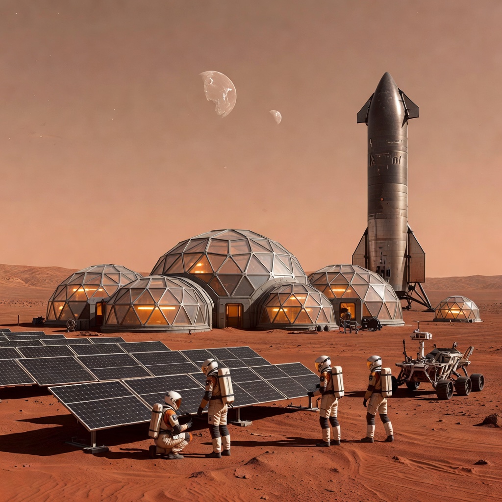 Futuristic Mars colony habitat dome glowing under a rust-colored sky with humans in suits working outside, conveying both wonder and the harshness of the Martian environment