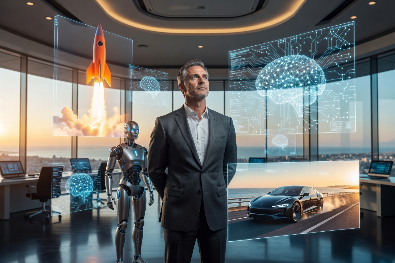 Elon Musk speaking at a futuristic technology summit surrounded by holographic displays