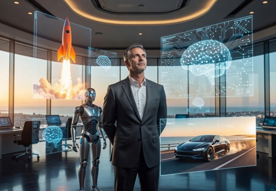 A photorealistic cinematic portrait of a visionary tech CEO standing at the intersection of multiple holographic displays showing rockets, humanoid robots, AI neural networks, and electric vehicles, bathed in cool blue and amber light, ultra-high definition, futuristic command center atmosphere, sense of immense scale and ambition, no text overlays