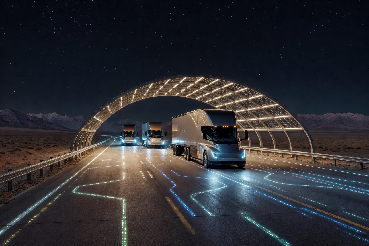 Futuristic autonomous Tesla Semi and Cybertruck convoy moving through a glowing smart highway corridor at night