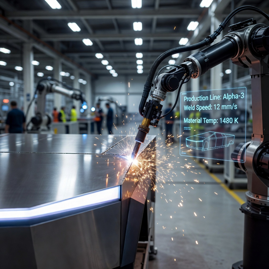 Close-up of Tesla Cybertruck stainless steel body panels on a futuristic automated assembly line with robotic arms