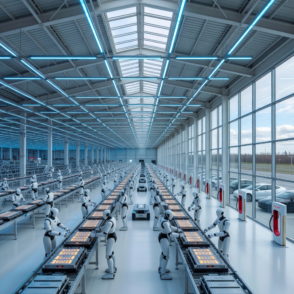 Panoramic interior of a futuristic Gigafactory with autonomous robots assembling electric vehicle battery packs under blue LED lighting