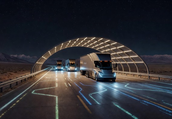 A cinematic wide-angle night shot of a convoy of sleek, futuristic autonomous Tesla Semi trucks traveling along a glowing smart highway with embedded LED lane markers and solar canopy structures overhead, no drivers visible through the cab windows, soft blue and white light emanating from the vehicles, vast desert landscape visible in the background, photorealistic 8K render with dramatic atmospheric lighting