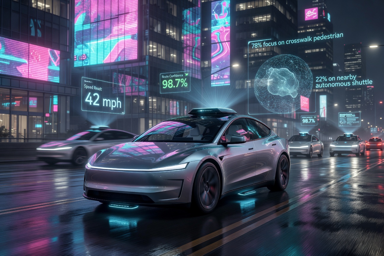 A sleek autonomous Tesla Cybercab navigating a brightly lit smart city at night, data overlays and sensor halos visualized around the vehicle