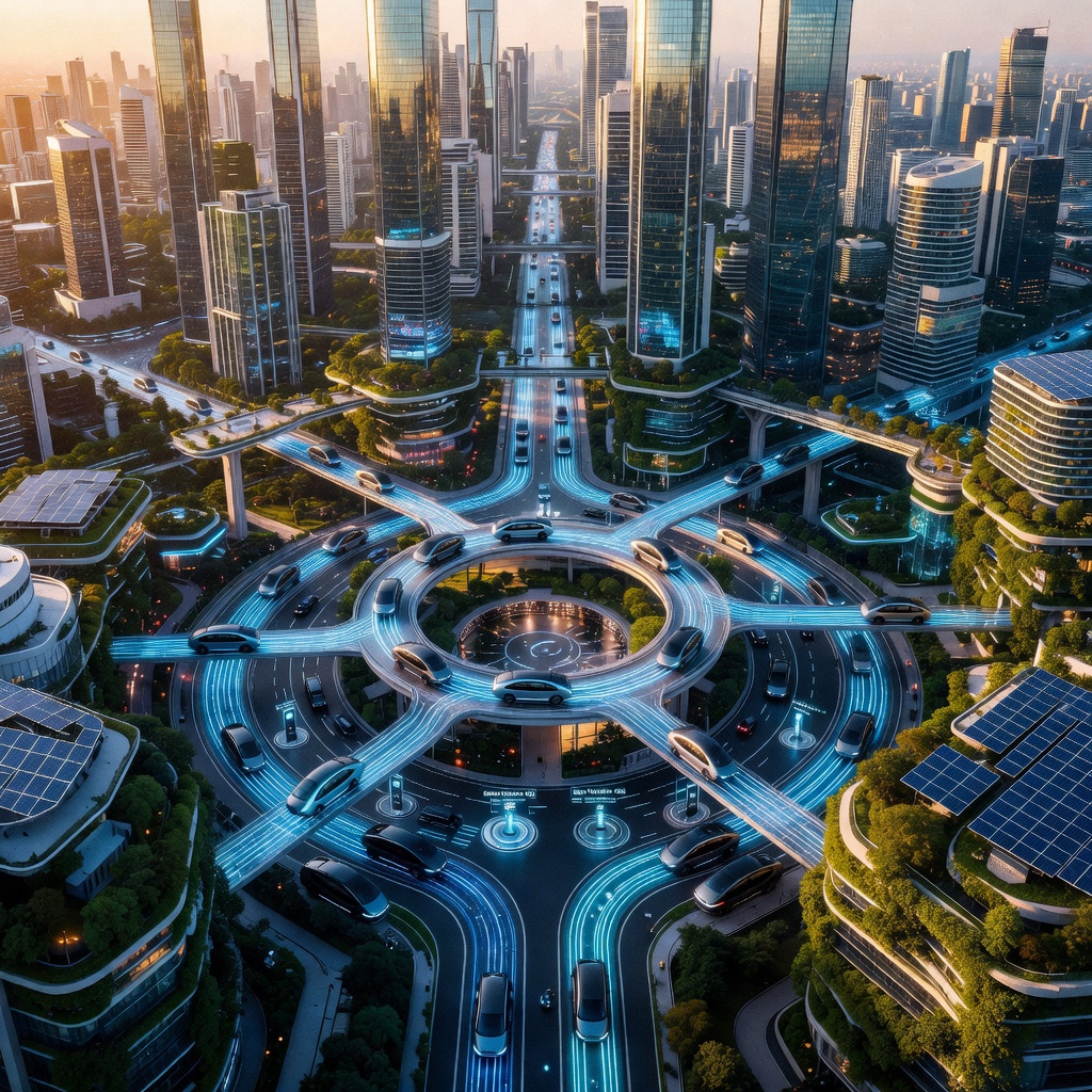 Aerial view of a futuristic city grid with multiple autonomous electric vehicles moving in coordinated patterns, glowing pathways showing optimized traffic flow