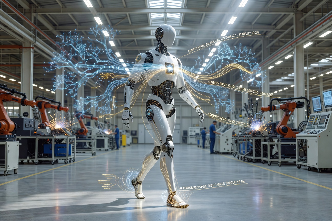 Tesla Optimus humanoid robot navigating a factory floor with advanced balance systems glowing in neural network visualization overlay
