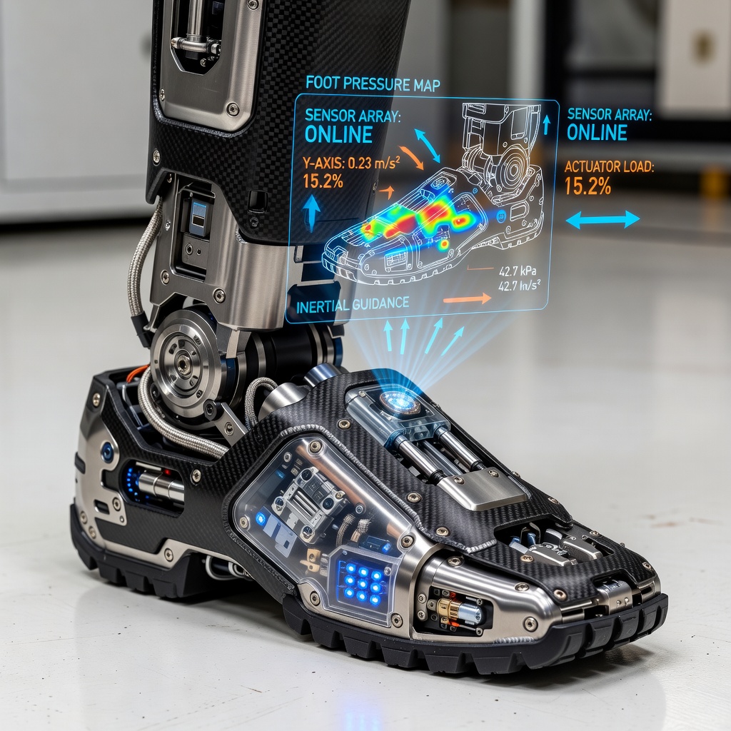 Close-up of Tesla Optimus robot foot and ankle joint sensors with data streams visualized in augmented reality