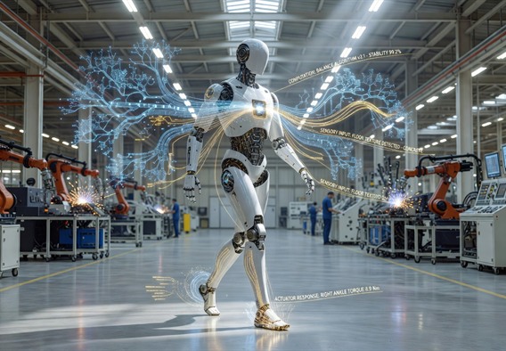 A Tesla Optimus humanoid robot walking gracefully through a brightly lit modern factory floor, surrounded by a glowing neural network visualization overlay showing real-time balance computation pathways in blue and gold, with holographic data streams flowing from its feet to its central processor, photorealistic futuristic style, dramatic lighting emphasizing the robot's sleek white and silver design, wide establishing shot