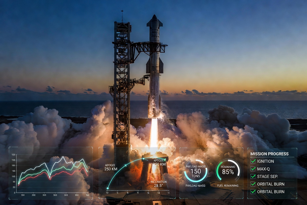 A data visualization overlay on a Starship rocket launching from Boca Chica, showing orbital trajectories and mission benchmarks