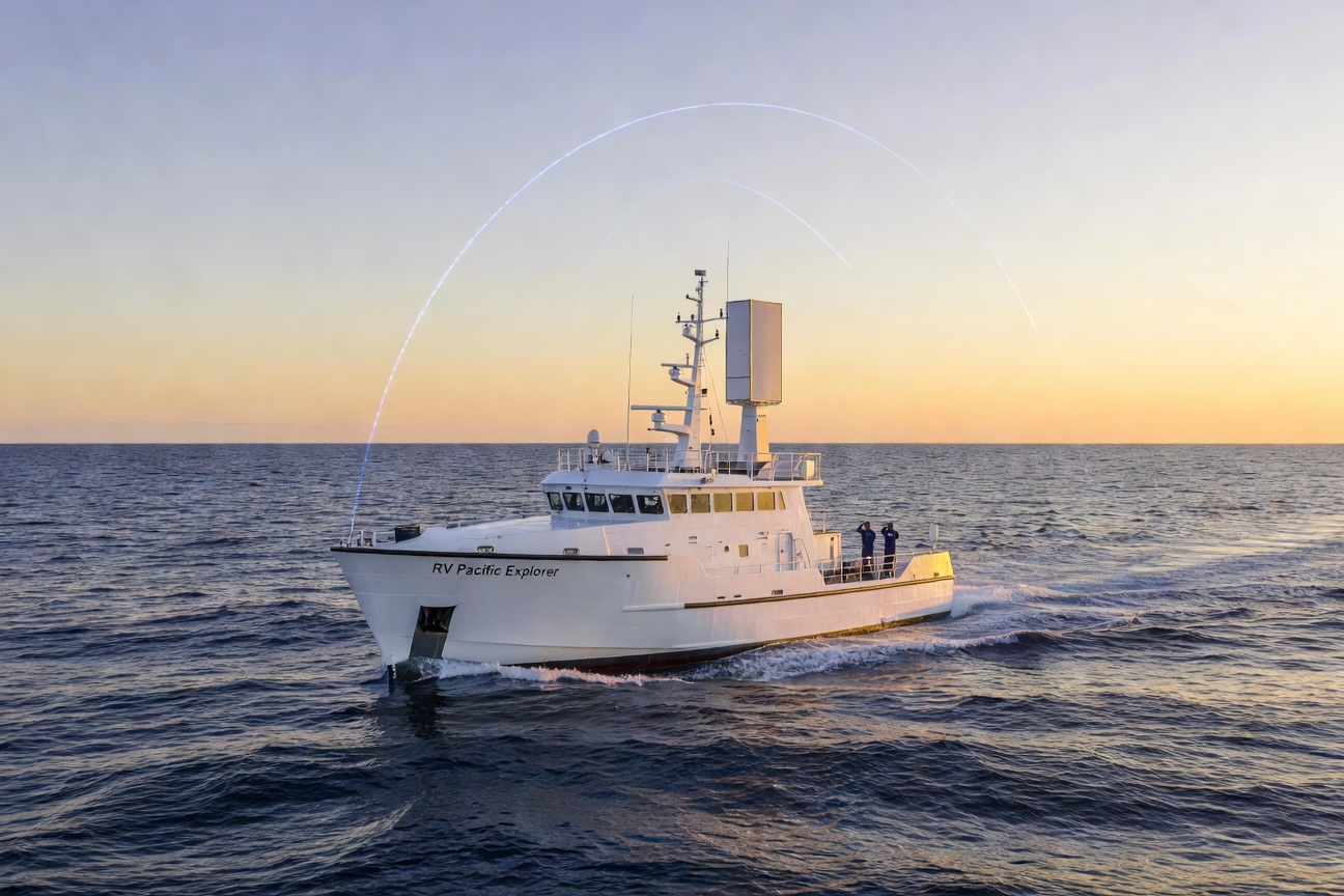 A research vessel on the open Pacific Ocean at dawn with a satellite dish on the deck transmitting data to orbiting satellites above a glowing horizon