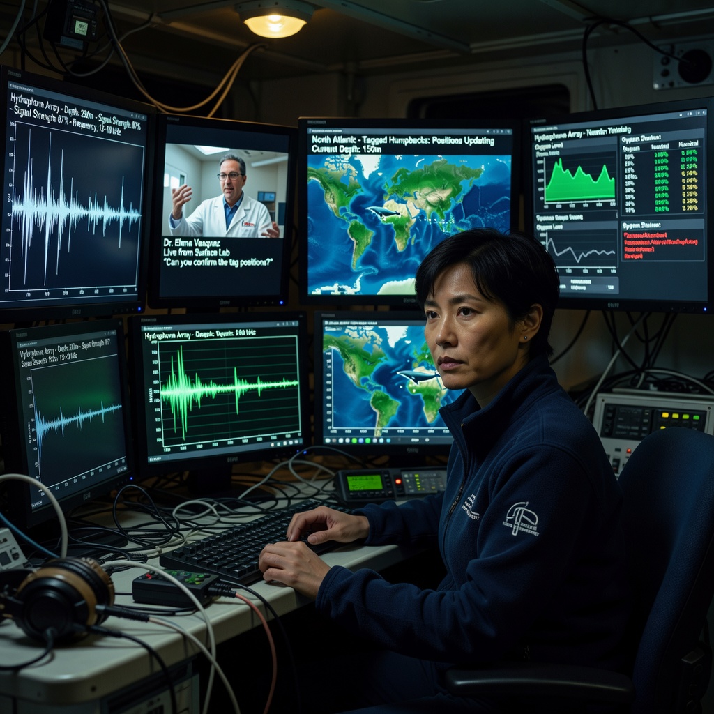 A marine biologist monitors multiple data streams on glowing screens aboard a research vessel with satellite connectivity icons visible on the interface