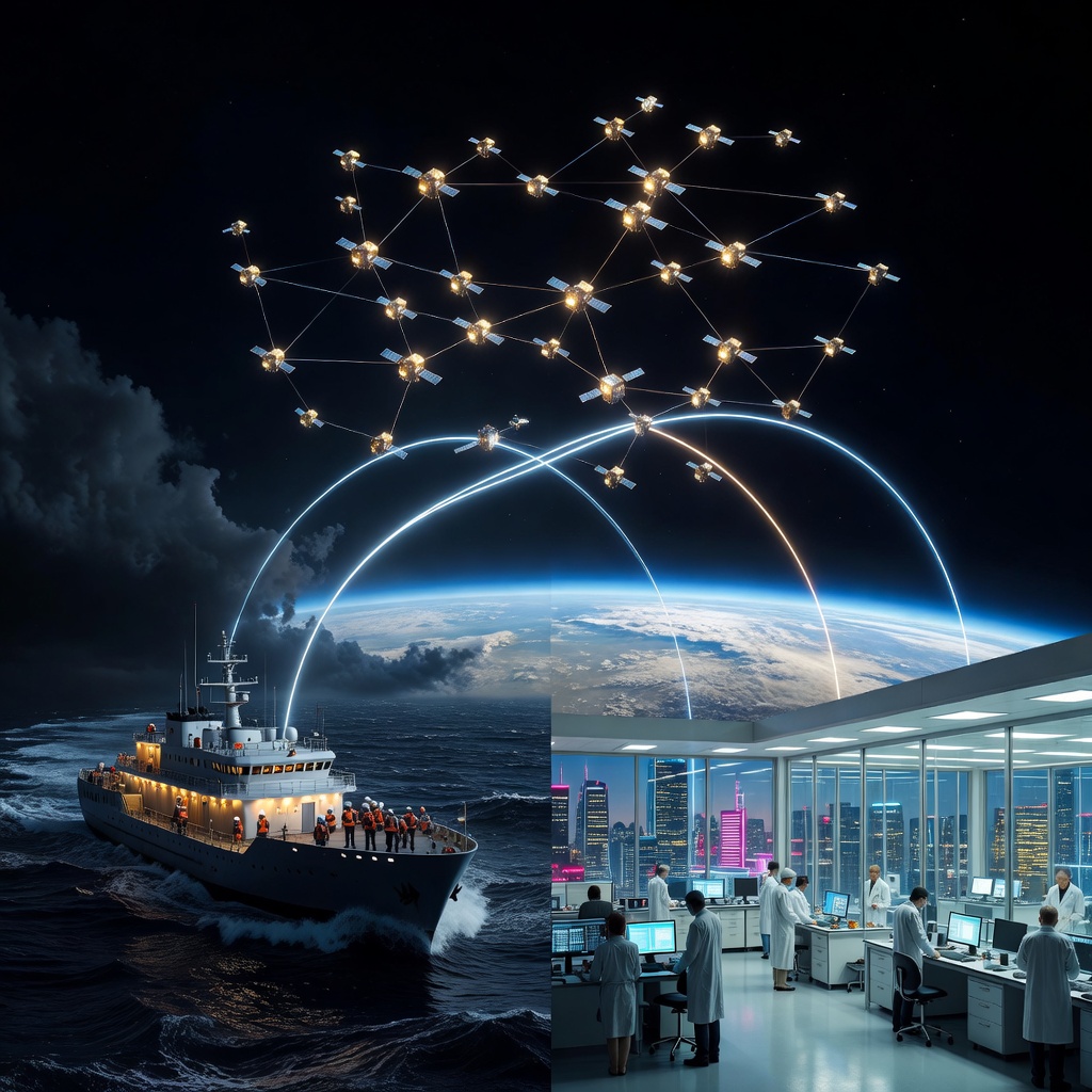 A futuristic split-screen showing a Pacific research vessel on the left and a bright urban university lab on the right connected by glowing orbital satellite paths