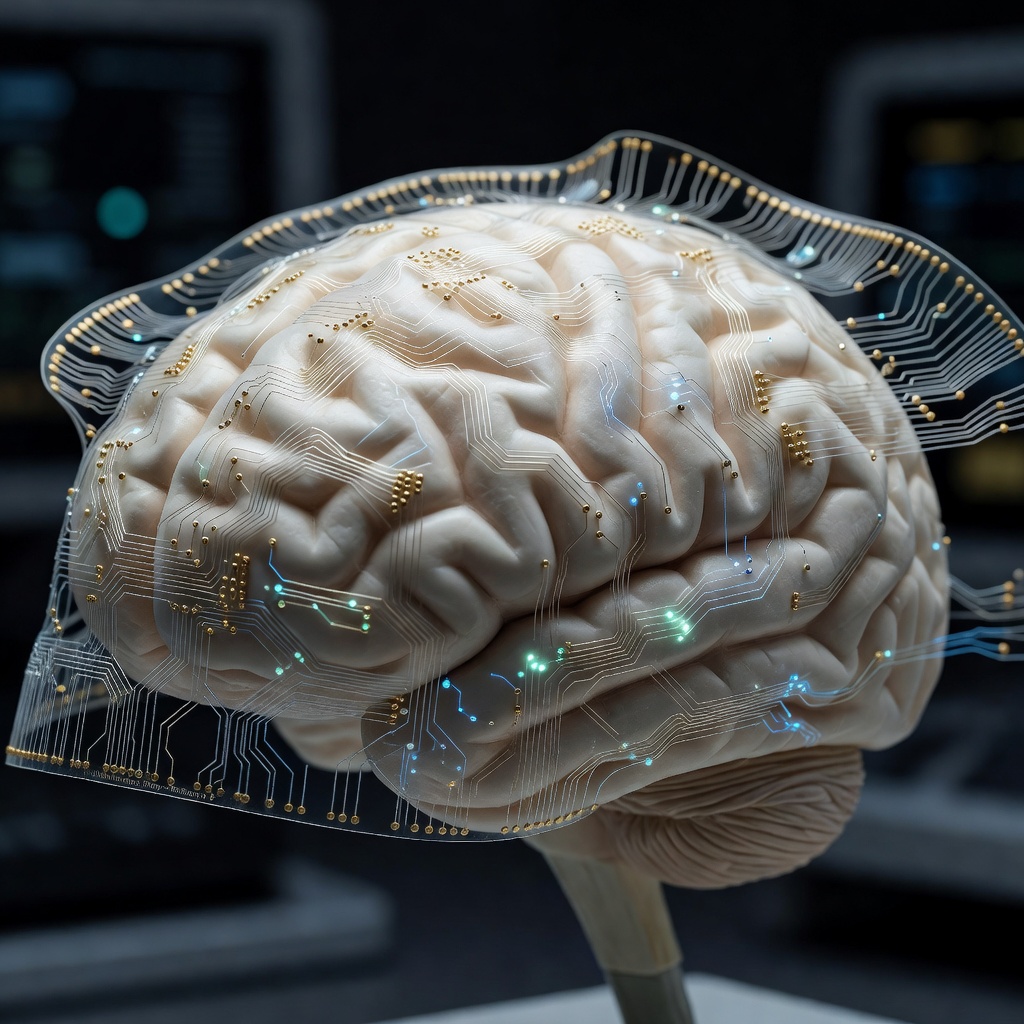 Close-up of a soft robotic hand sleeve responding to neural commands, with delicate sensor filaments illuminated in blue