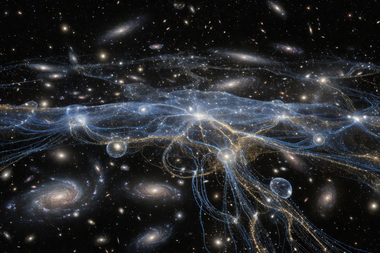 A vast cosmic simulation with data streams and neural network patterns overlaid on a deep field galaxy image