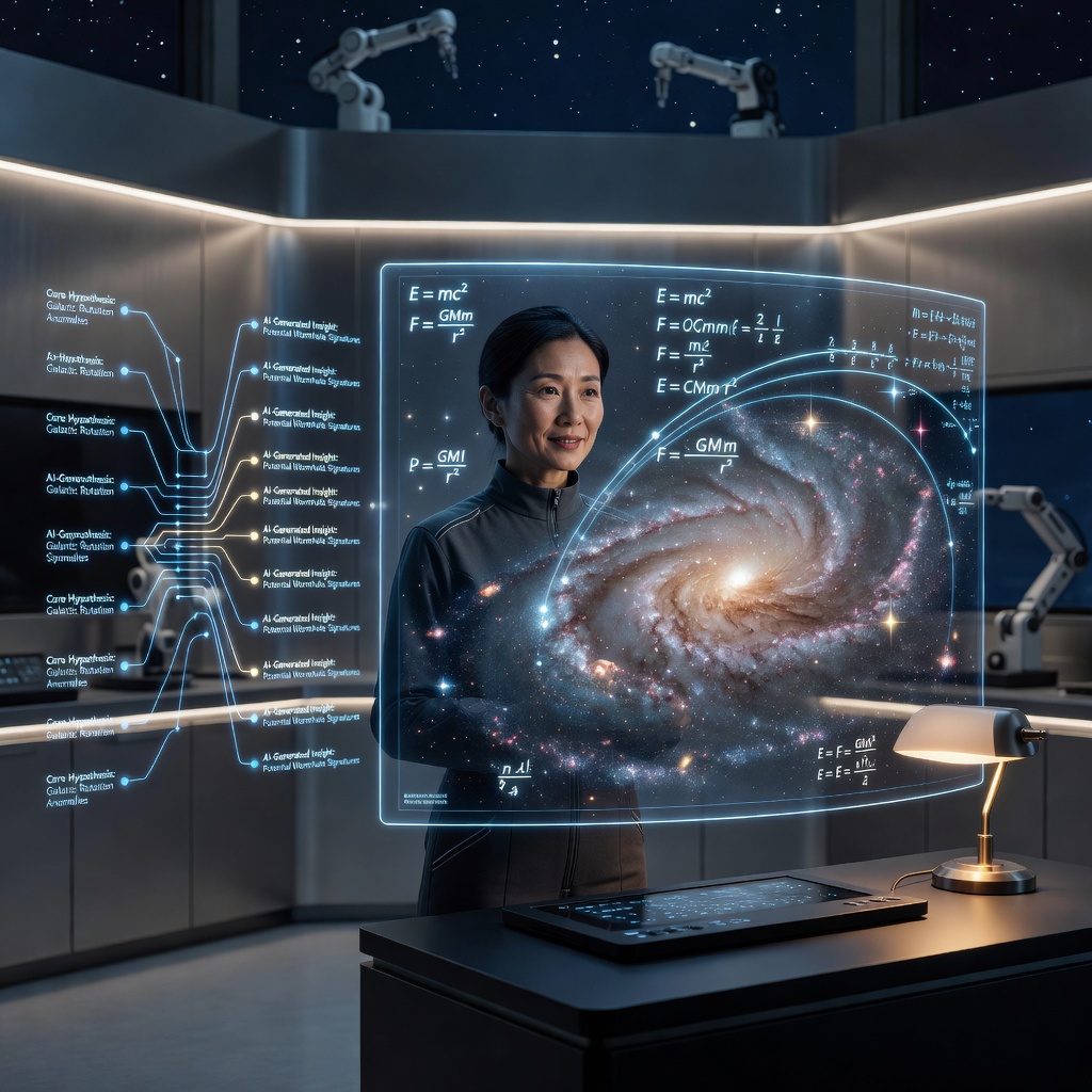A scientist in a futuristic lab reviewing AI-generated data on holographic displays, surrounded by equations and cosmic imagery