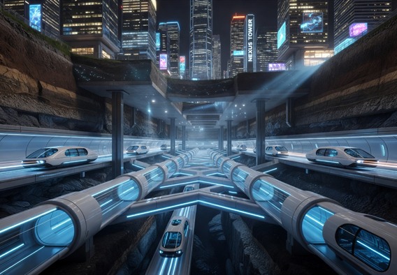 Hyperrealistic digital art of a vast underground tunnel network beneath a glowing futuristic metropolis at night, cross-section view showing multiple branching tunnel corridors with sleek white autonomous electric pods moving at high speed, blue and white ambient lighting, transparent geological layers above showing city foundations and surface skyscrapers, cinematic depth of field, photorealistic render, 8K resolution