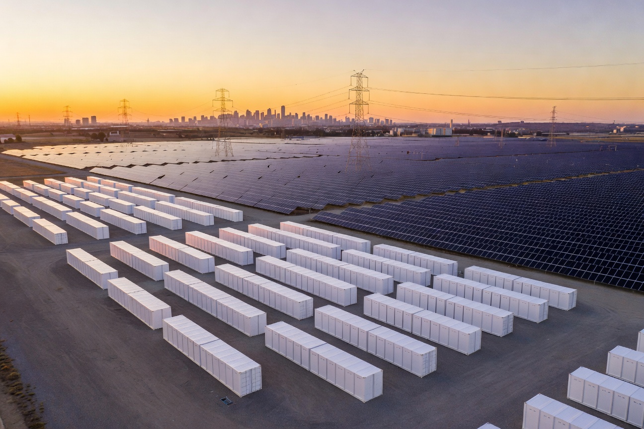 Aerial view of a Tesla Megapack installation adjacent to a large solar farm at dusk, glowing with energy indicator lights