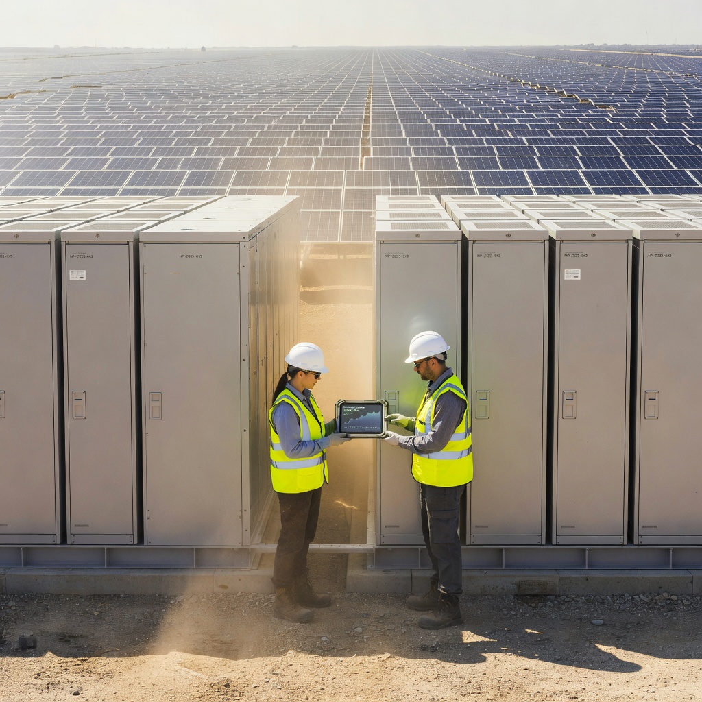 Close-up of Tesla Megapack battery modules with technicians performing diagnostics, surrounded by solar panels in the background